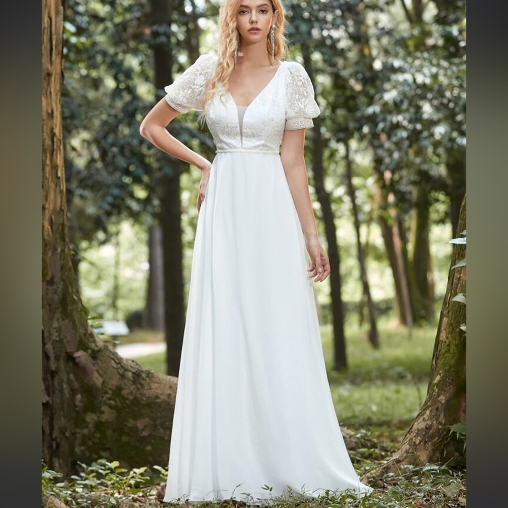EVER-PRETTY Off White Embroidered Mesh Yoke Chiffon Wedding/Prom Dress